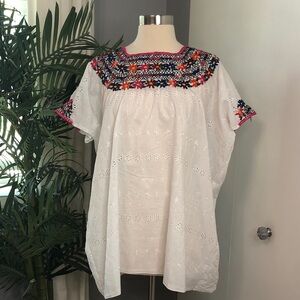 Vibrant White Huipil Blouse with Multicolor Embroidery